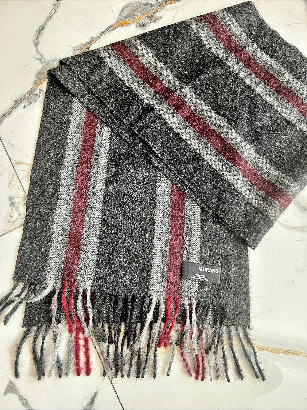 %100 Alpaca Murano Striped Scarf Black & Red Soft Cozy Fall